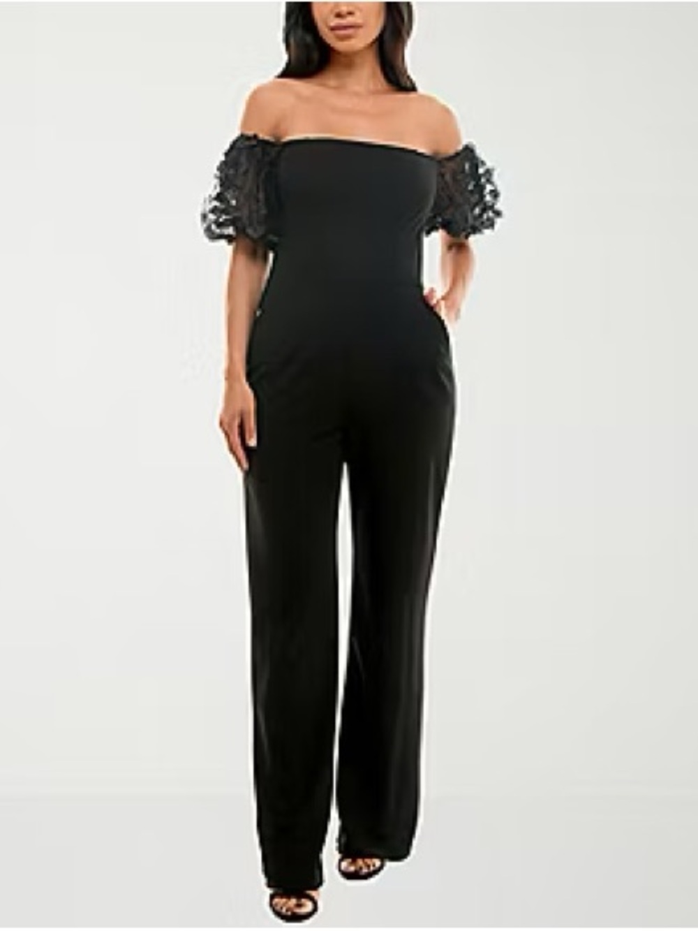Off-Shoulder Black Lace-Sleeve Jumpsuit